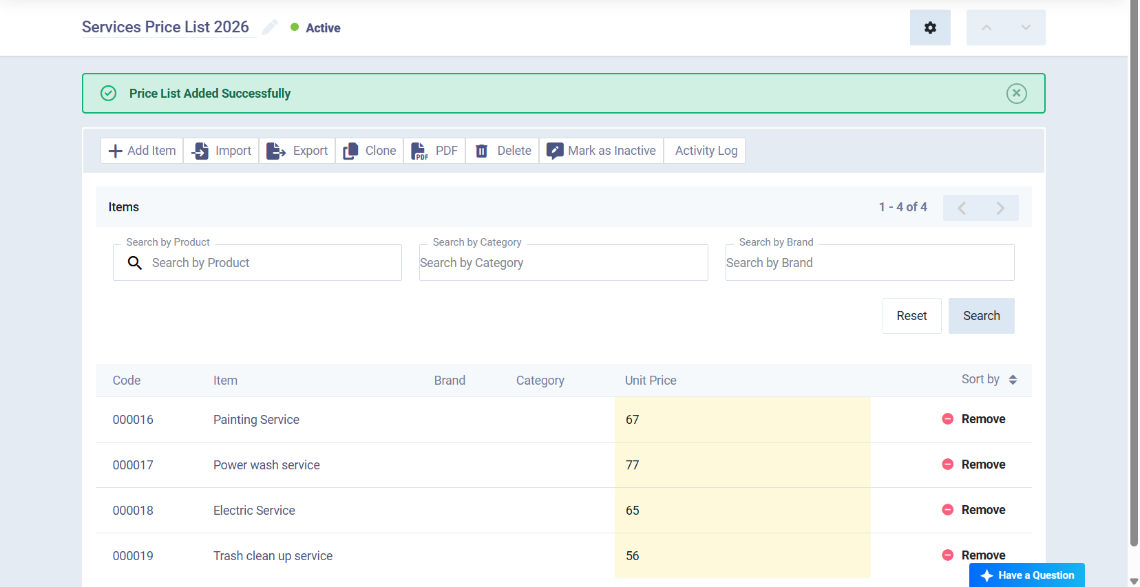 Enerpize price list module with add item, import, export, clone and PDF options